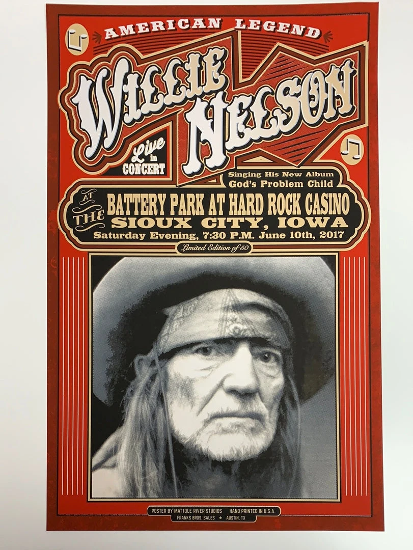 Gig Posters Willie Nelson - 2017 Mattole River Studios Poster Sioux City, IA 4 Gig Posters Willie Nelson - 2017 Mattole River Studios Poster Sioux City, IA