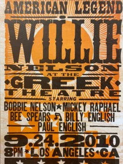 Willie Nelson - 2010 Hatch Show Print 9/24 Poster Los Angeles, California Gig Posters