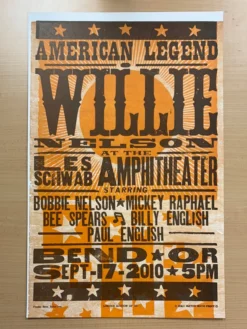 Gig Posters Willie Nelson - 2010 Hatch Show Print 9/17 Poster Bend, Oregon